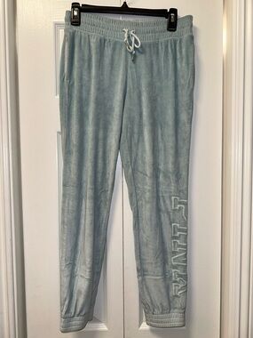 PINK Victoria's Secret Light Blue Velour Joggers with Embroidered Side Logo